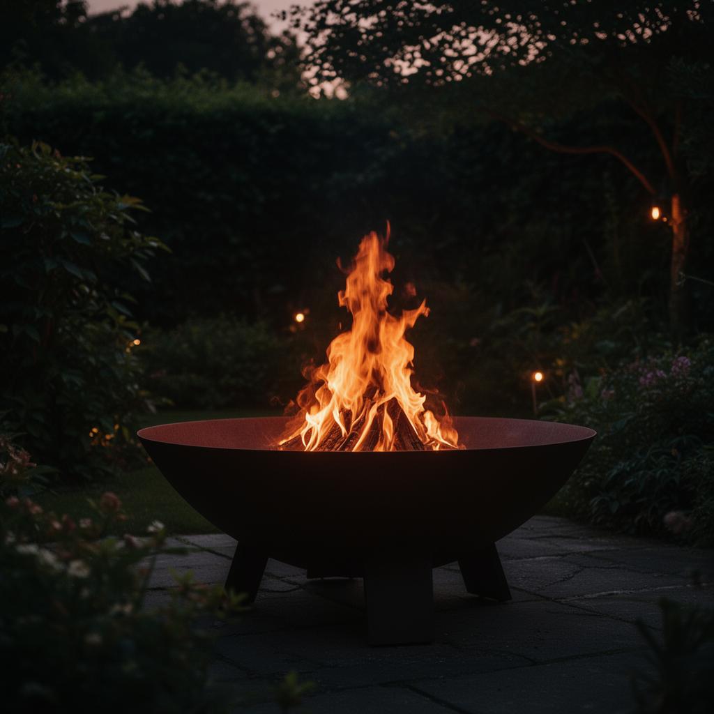 Sculpturale vuurschaal van Fox Fire brandend in een tuin