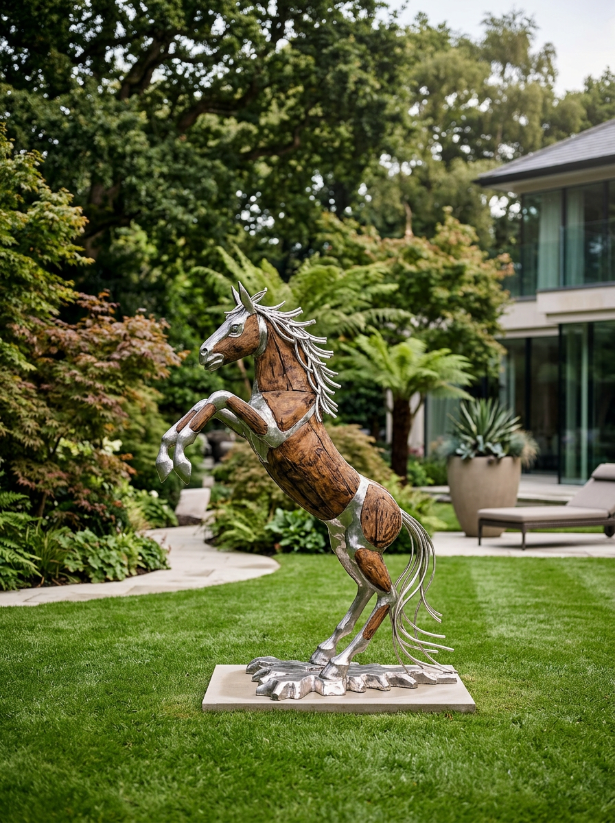 Sculpturaal paard in hout en staal als blikvanger in de tuin