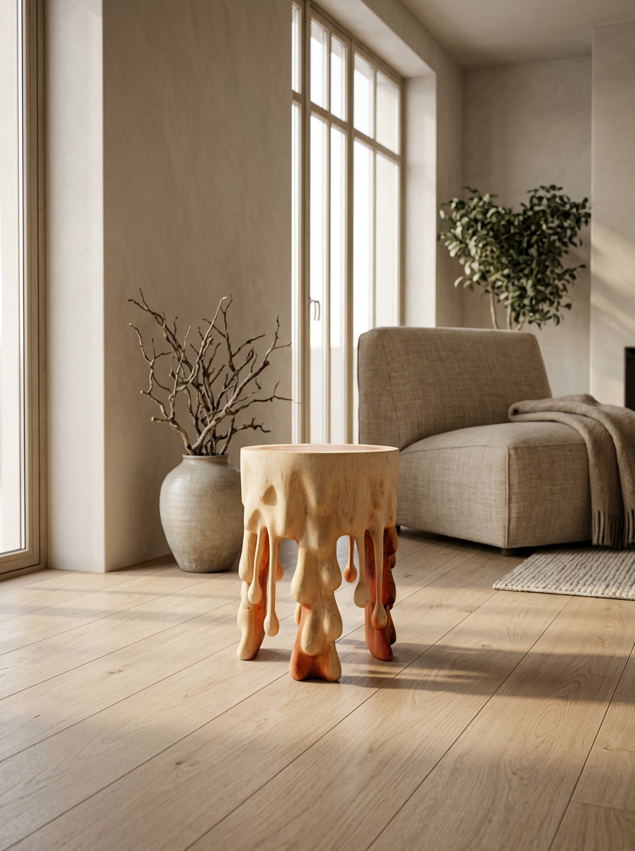 Suar houten kruk als decoratief interieurobject in woonkamer