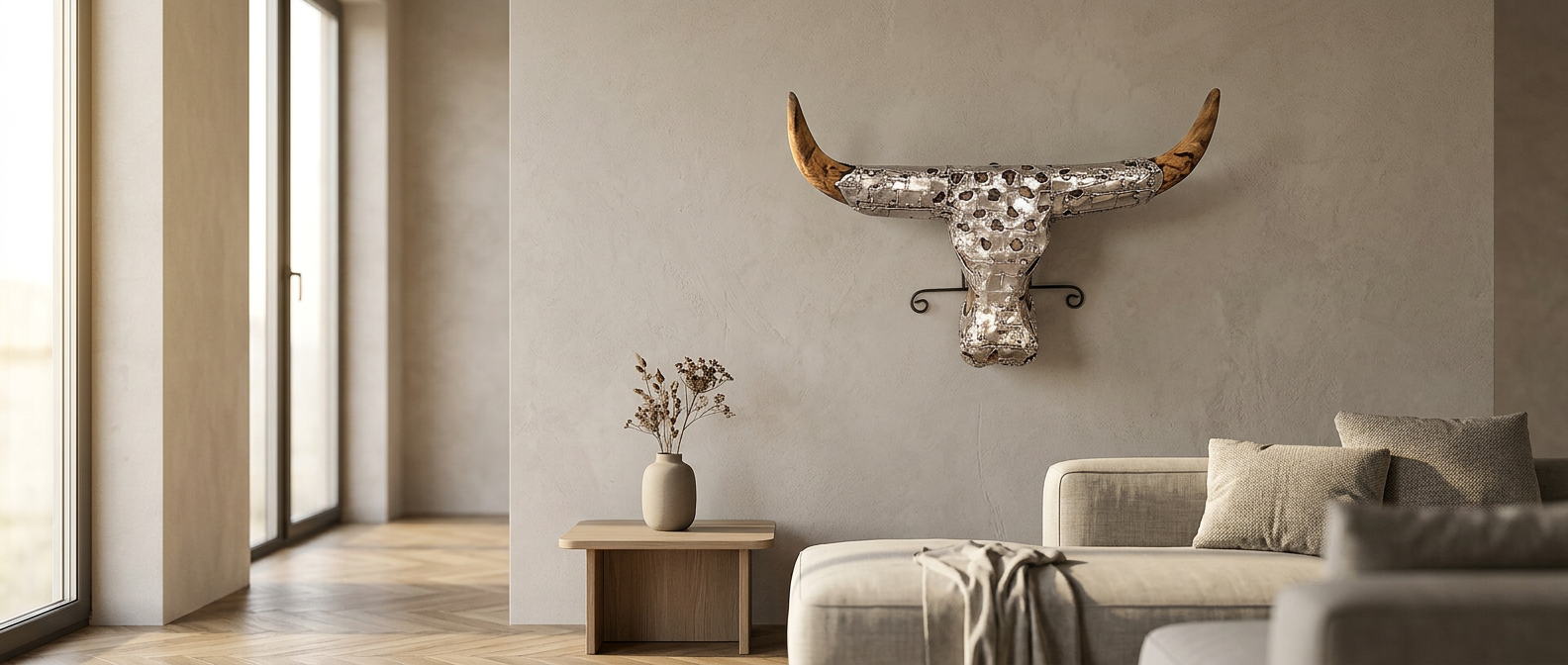 Wandsculptuur van een buffelkop als focal point in een modern interieur